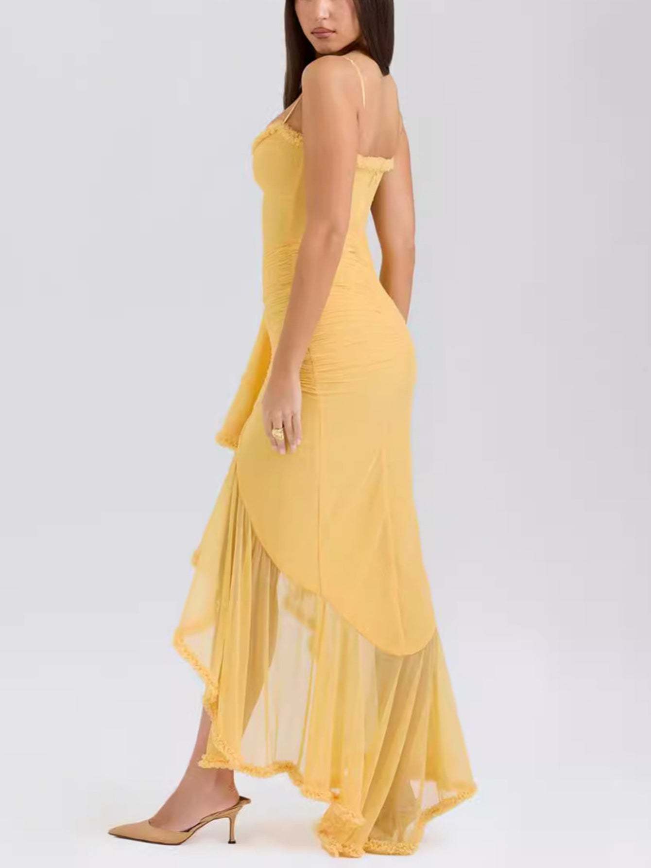 Spaghetti Strap Ruffles Hem High Low Frill Maxi Dress