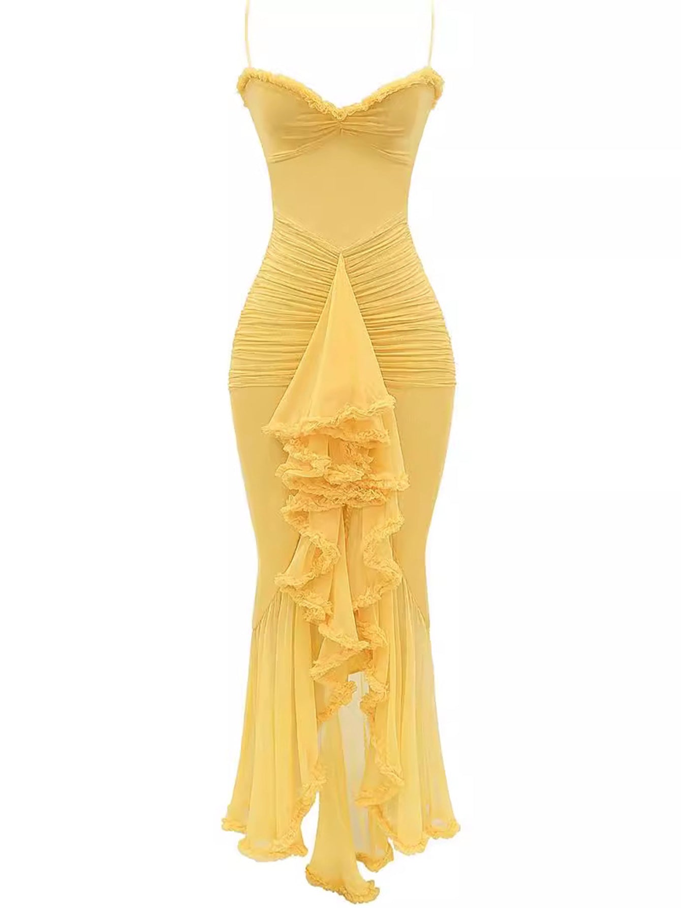 Spaghetti Strap Ruffles Hem High Low Frill Maxi Dress