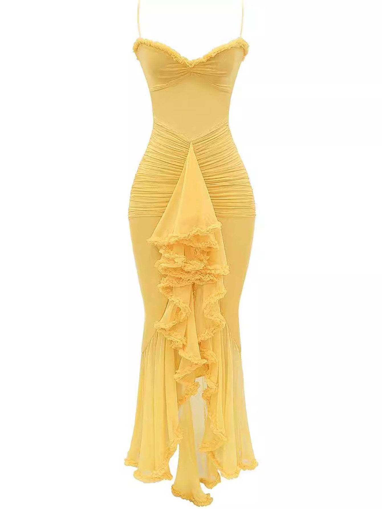 Spaghetti Strap Ruffles Hem High Low Frill Maxi Dress