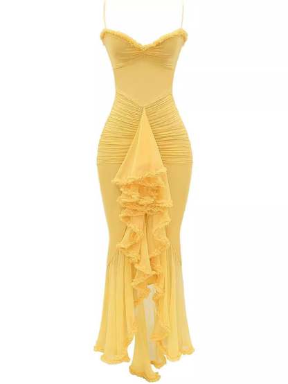 Spaghetti Strap Ruffles Hem High Low Frill Maxi Dress