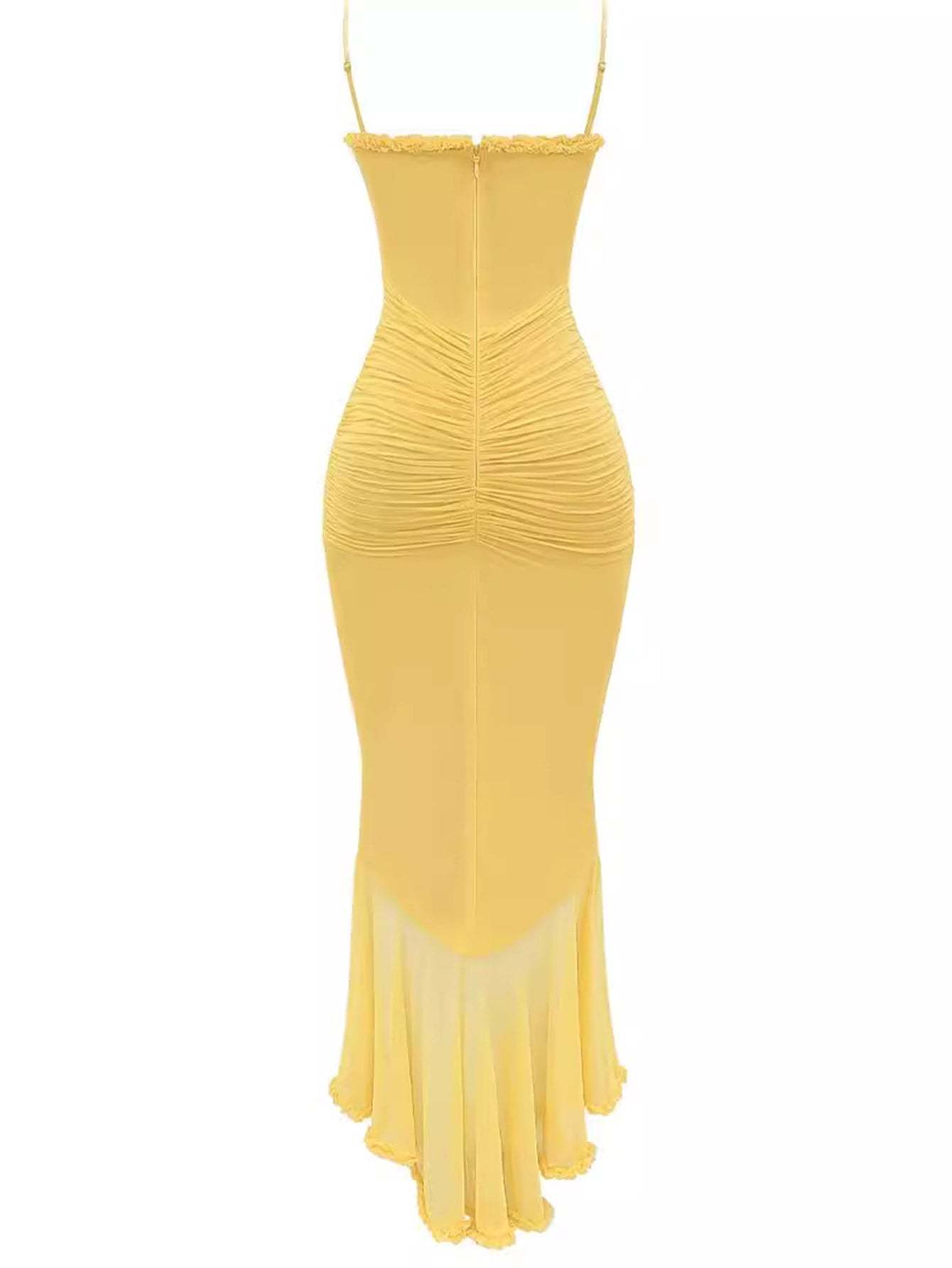 Spaghetti Strap Ruffles Hem High Low Frill Maxi Dress