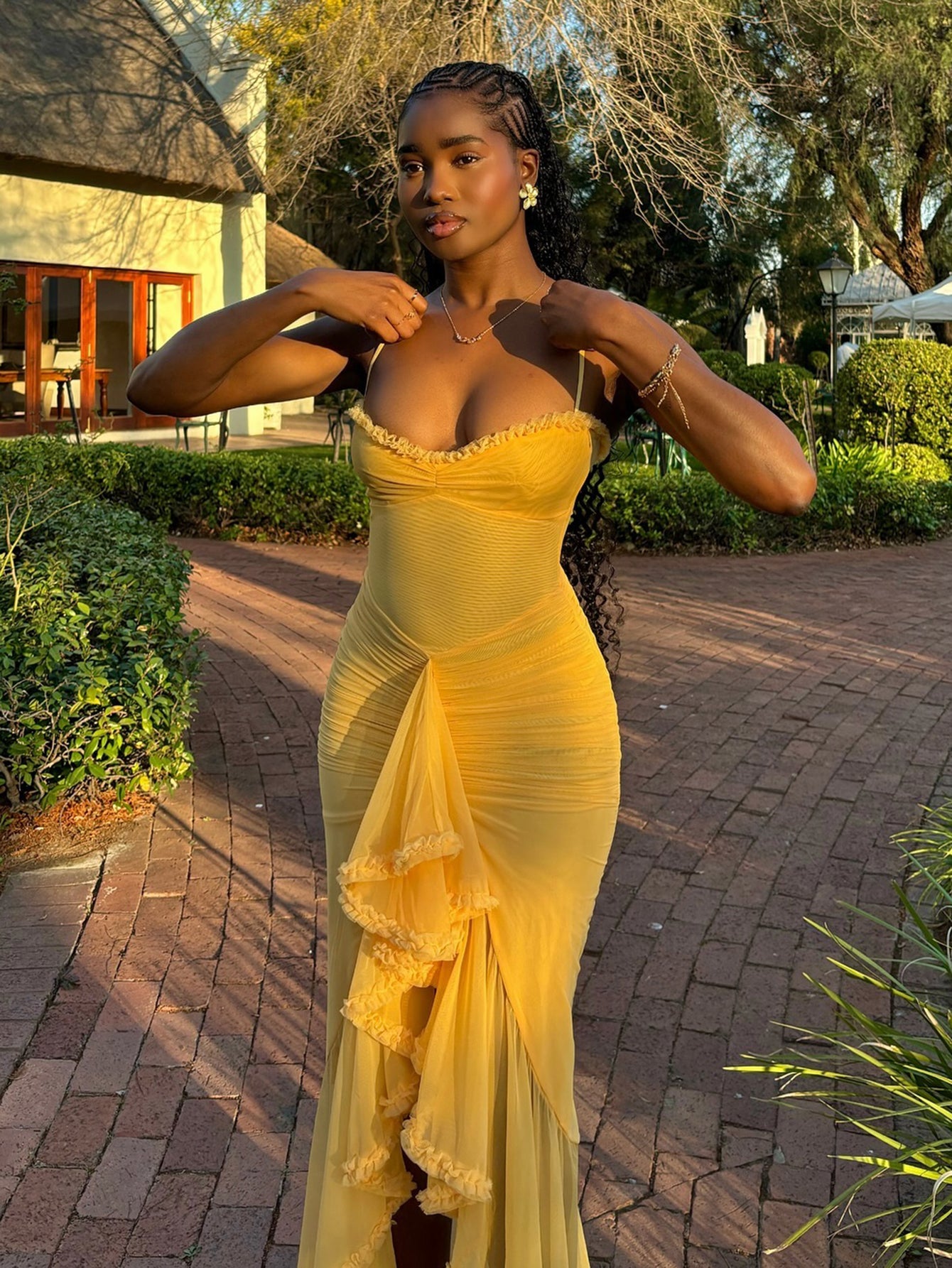 Spaghetti Strap Ruffles Hem High Low Frill Maxi Dress