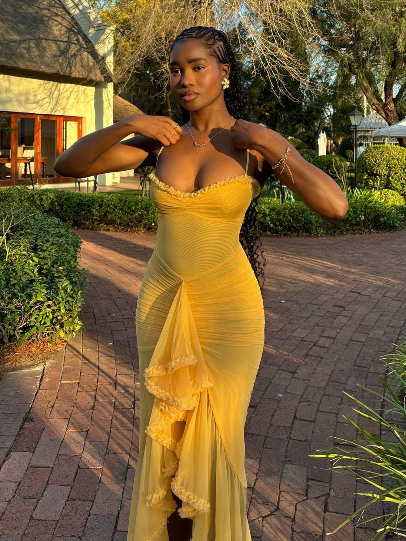 Spaghetti Strap Ruffles Hem High Low Frill Maxi Dress