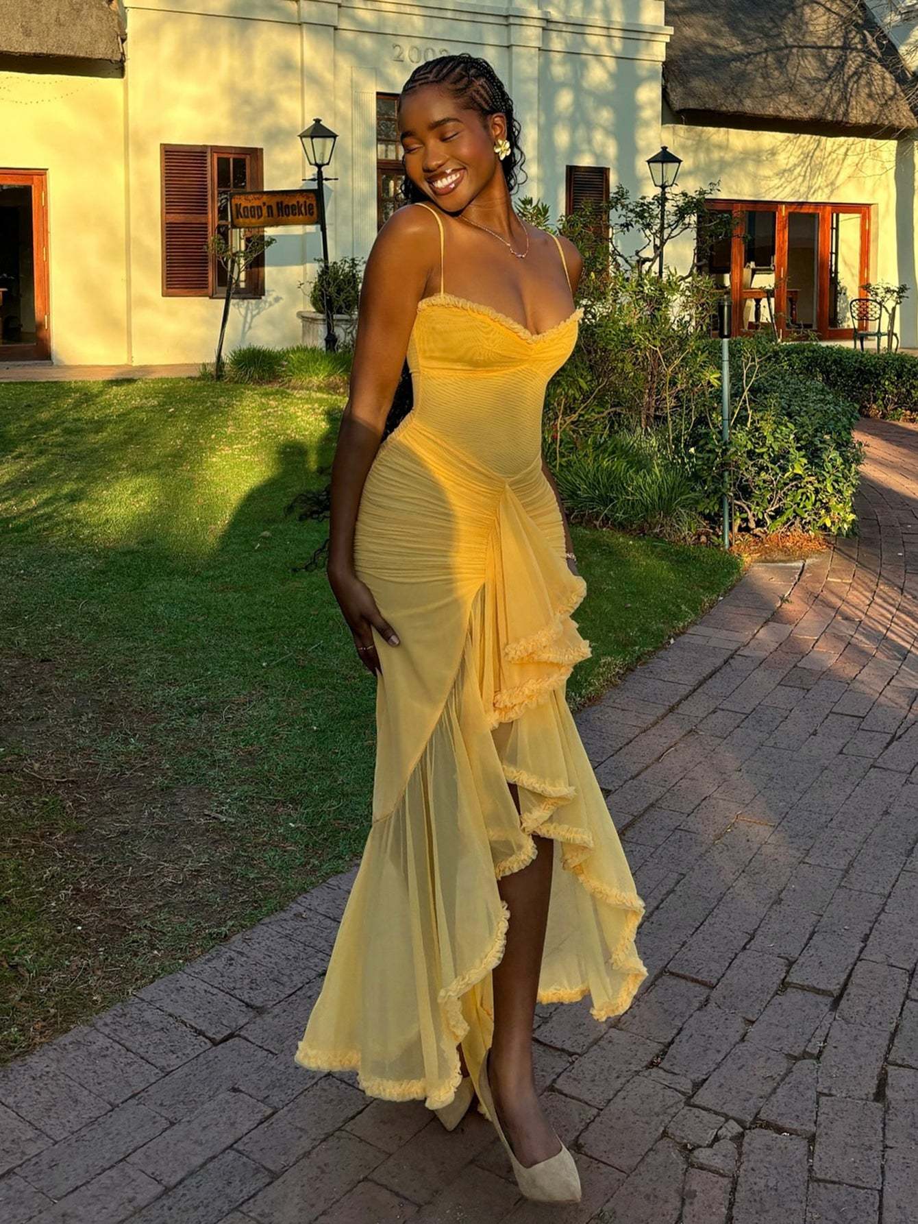 Spaghetti Strap Ruffles Hem High Low Frill Maxi Dress