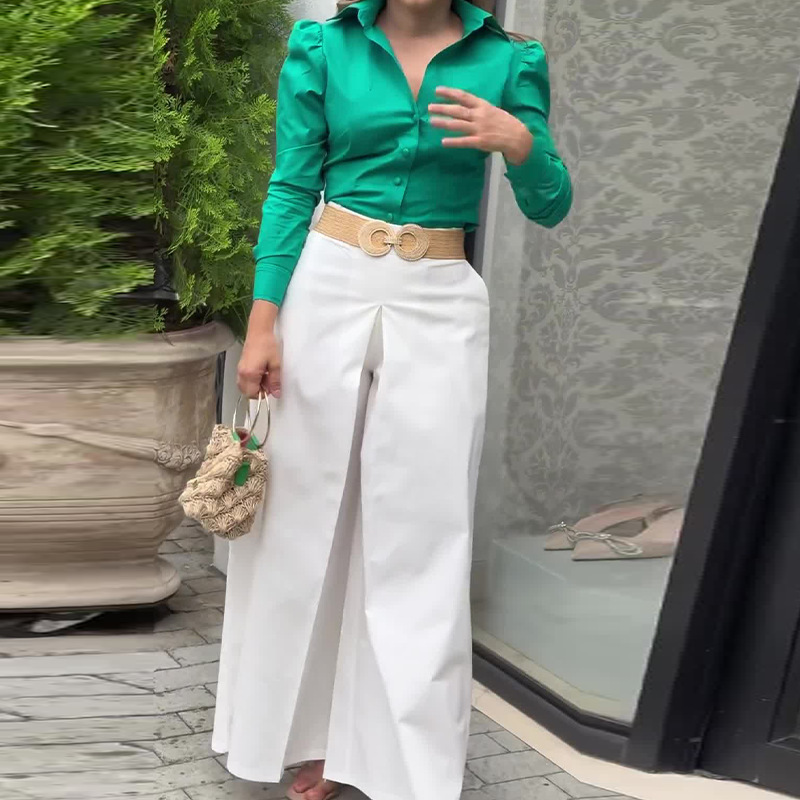 Women's Fashion Simple Lapel Shirt Navel Button Casual Suit Pants Two Pieces