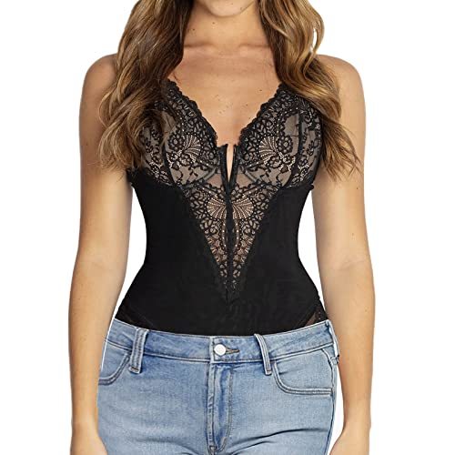Deep-V Neck Lace Thong Bodysuit ( Buy 3 Free Shipping )