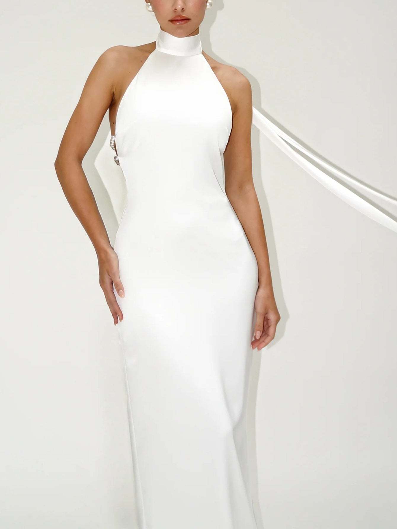 Elegant Satin Gown with Pearl Embellishments