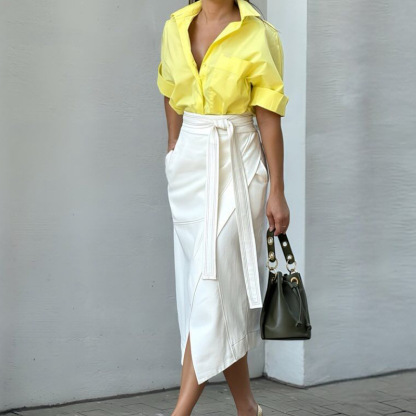 Women's Fashion Simple Lapel Shirt Navel Button Casual Suit Pants Two Pieces