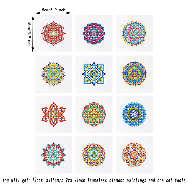 Frameless, mini diamond painting, Mandala creative mini diamond painting on the entrance flower house desktop, creative simple pattern diamond painting, 12pcs, 5.9 X5.9 inches.