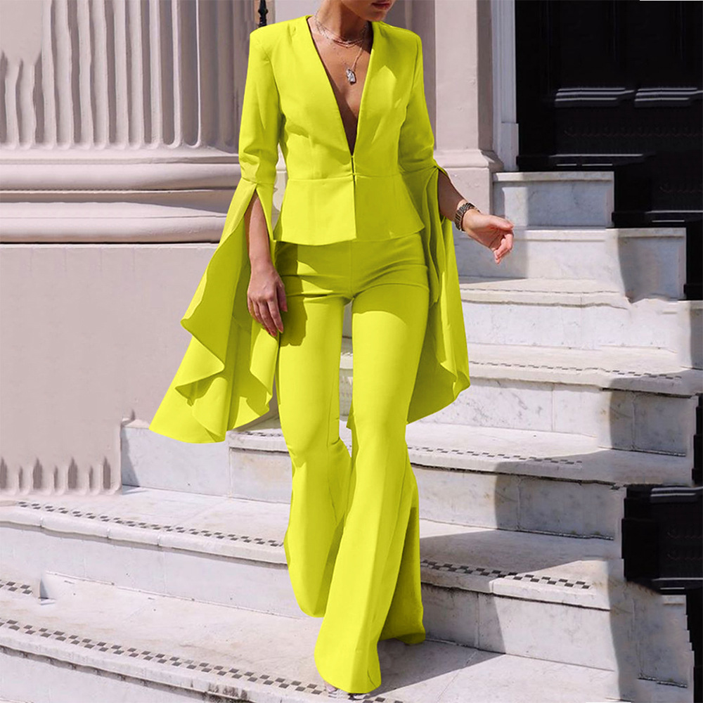 Women's Fashion Simple Lapel Shirt Navel Button Casual Suit Pants Two Pieces