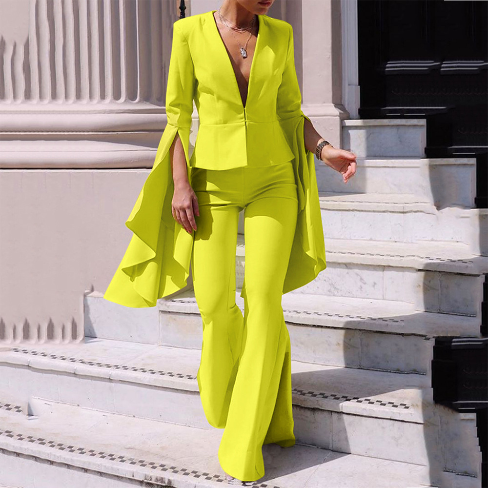 Women's Fashion Simple Lapel Shirt Navel Button Casual Suit Pants Two Pieces