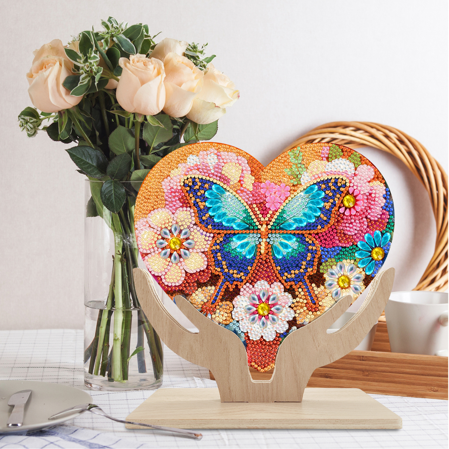 5D DIY Special Shape Diamond Painting Wooden Heart Shape Desk Ornament Decor Kit