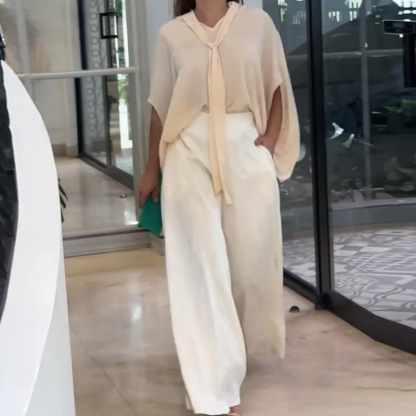 Women's Fashion Simple Lapel Shirt Navel Button Casual Suit Pants Two Pieces