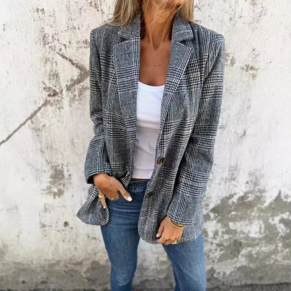 Cardigan Jacket Women Casual Fashion Retro Houndstooth Lapel Suit