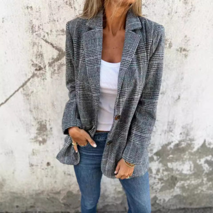 Cardigan Jacket Women Casual Fashion Retro Houndstooth Lapel Suit