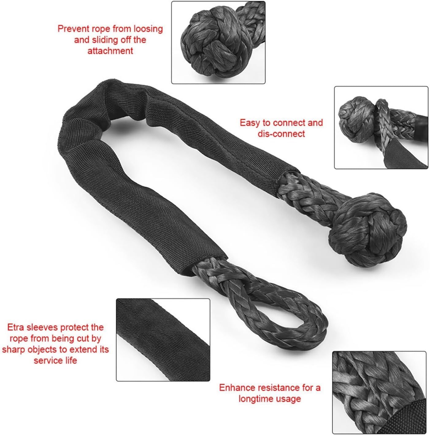 Winch Rope Synthetic Soft Shackle+Recovery Ring Set Rugged Shackles With Protective Sleeve 41000lbs