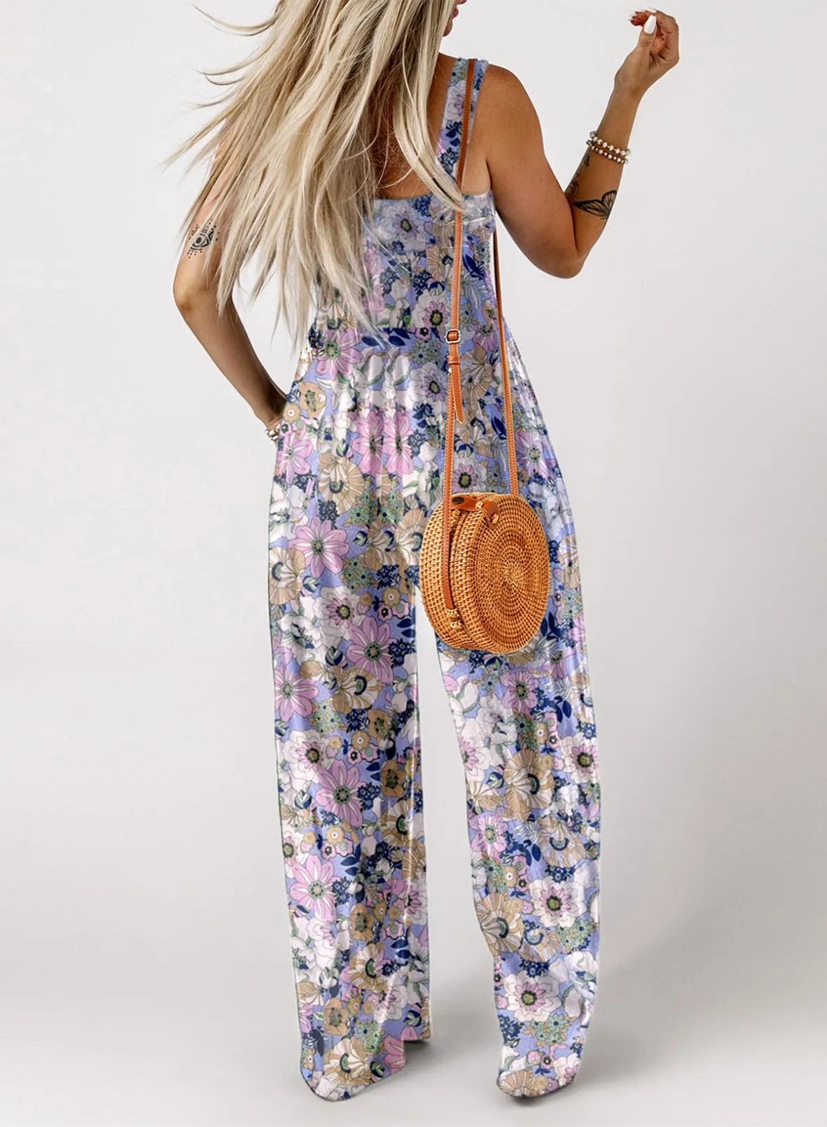 Boho Floral Print Smocked Bodice Wide Leg Jumpsuit