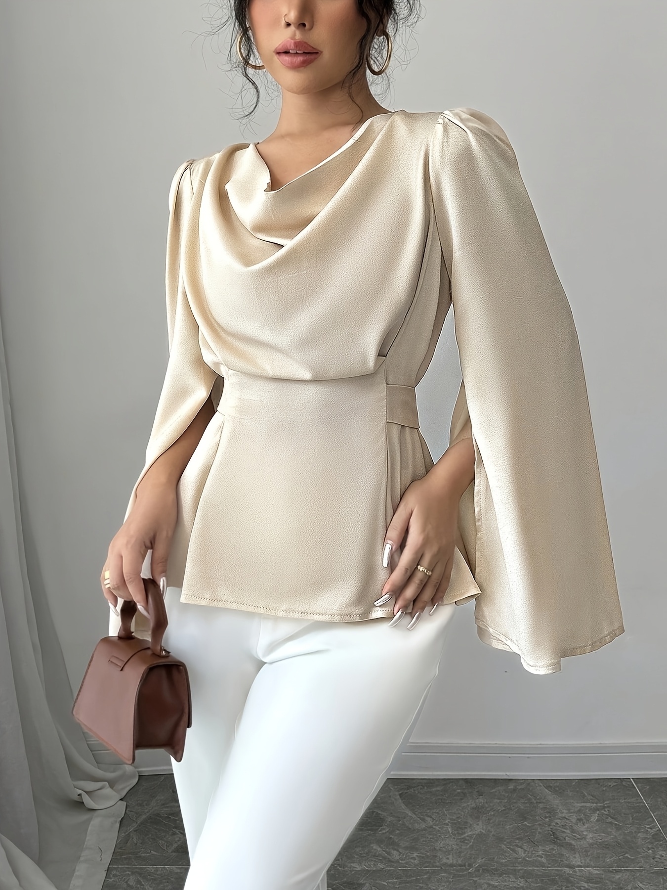 1pc Elegant Solid Color Polyester Shirt for Women, Spring\u002FSummer Collection, Drape Neck with Belt Detail, Regular Length, Woven Fabric, Split Sleeve Design