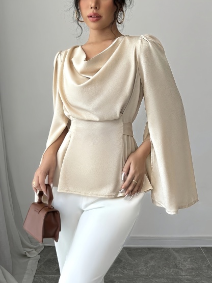 1pc Elegant Solid Color Polyester Shirt for Women, Spring\u002FSummer Collection, Drape Neck with Belt Detail, Regular Length, Woven Fabric, Split Sleeve Design