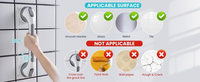 🚿16 Inch No Drilling Suction Cup Removable Bathroom Safety Handrail | Waterproof Anti-Slip Shower Grab Bar & Bathtub Grip