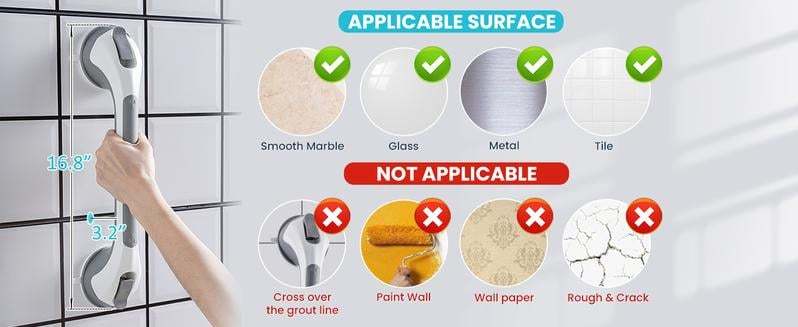 🚿16 Inch No Drilling Suction Cup Removable Bathroom Safety Handrail | Waterproof Anti-Slip Shower Grab Bar & Bathtub Grip