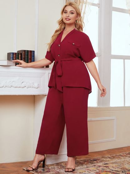 SHEIN Plus Flap Pocket Self Belted Blouse & Pants Set