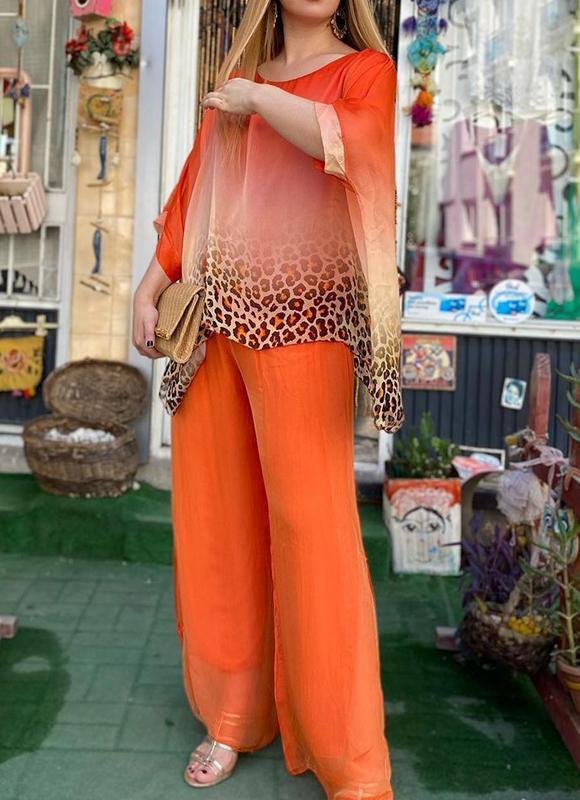 Women Leopard Print Chiffon Mid-sleeve Casual Two-piece Suit