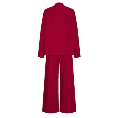 Women's Two Piece Outfits Cotton Linen Pants Sets Casual Long Sleeve Button Down Henley Tops and Pants Lounge Sets Red XXL 12