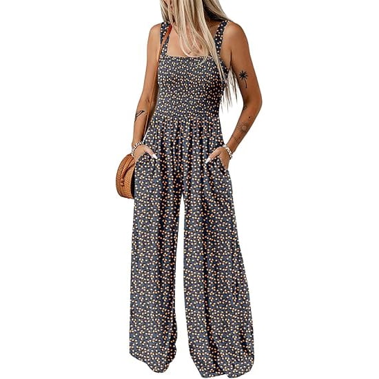 Boho Floral Print Smocked Bodice Wide Leg Jumpsuit