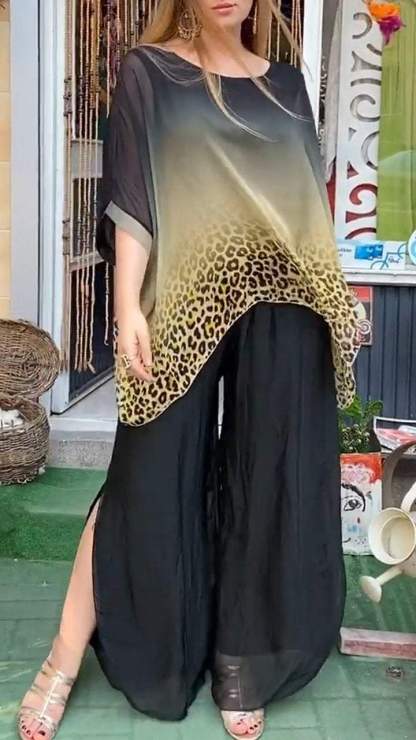 Women Leopard Print Chiffon Mid-sleeve Casual Two-piece Suit