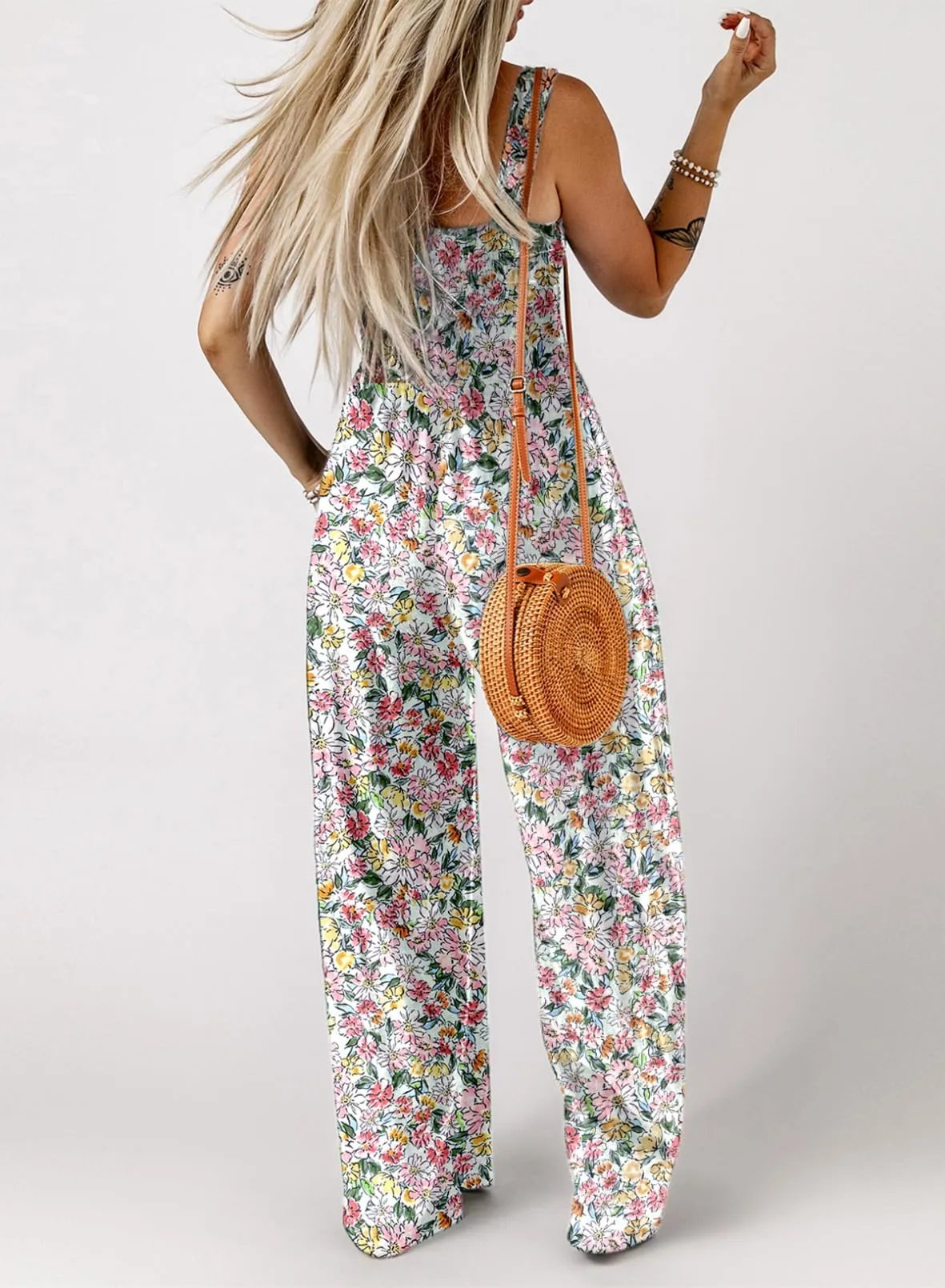 Boho Floral Print Smocked Bodice Wide Leg Jumpsuit