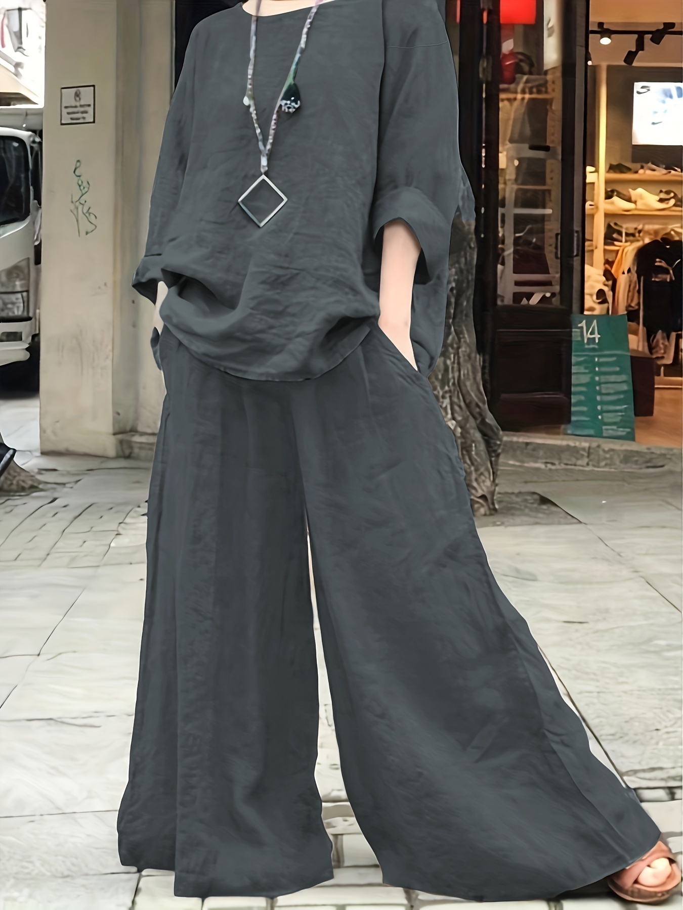 Plus Size Casual Outfits Set, Women's Plus Solid Round Neck Long Sleeve Top & Wide Leg Pants With Pockets Outfits Two Piece Set