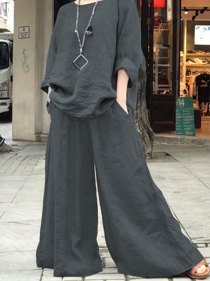 Plus Size Casual Outfits Set, Women's Plus Solid Round Neck Long Sleeve Top & Wide Leg Pants With Pockets Outfits Two Piece Set