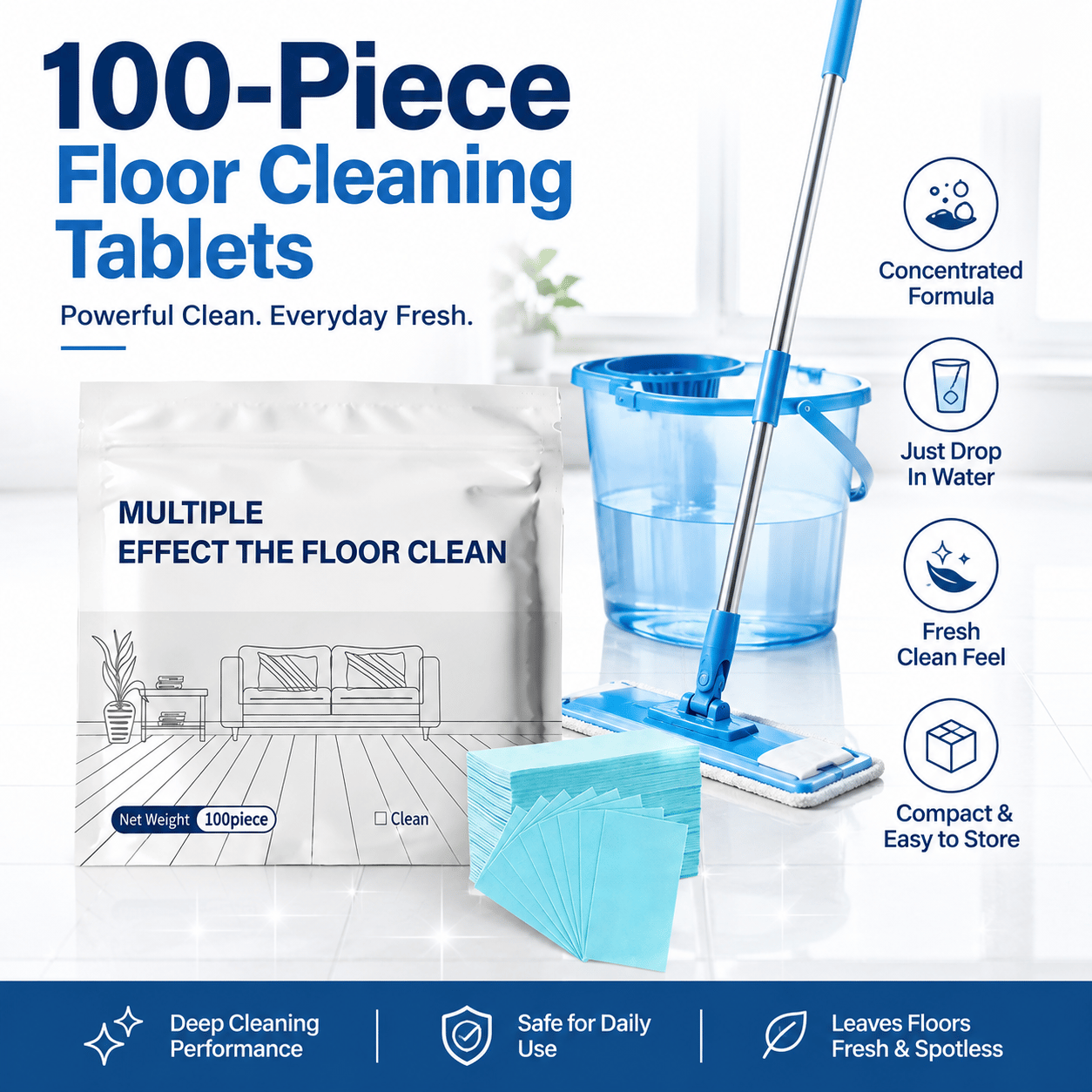 100PCS Floor Cleaning Tablets – Powerful Multi-Surface Mop Cleaner for Hardwood, Tile, Laminate & RV Walls, Fresh Scent Deodorizing Formula