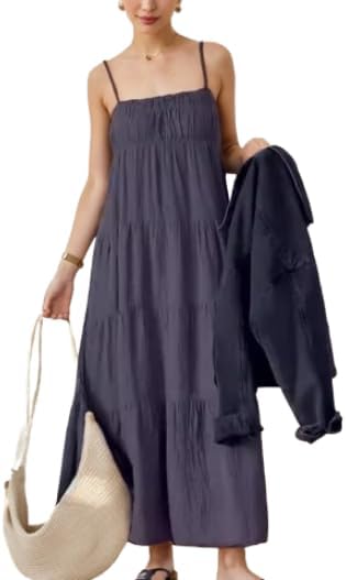 TIAFORD Women Sleeveless Spaghetti Strap Maxi Dress Summer Casual Boho Square Neck Tiered Pleated Sundress Flowy Beach Dress