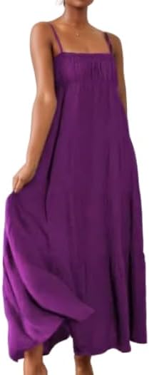 TIAFORD Women Sleeveless Spaghetti Strap Maxi Dress Summer Casual Boho Square Neck Tiered Pleated Sundress Flowy Beach Dress