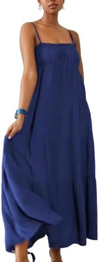 TIAFORD Women Sleeveless Spaghetti Strap Maxi Dress Summer Casual Boho Square Neck Tiered Pleated Sundress Flowy Beach Dress