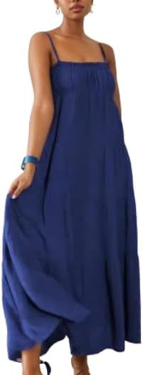 TIAFORD Women Sleeveless Spaghetti Strap Maxi Dress Summer Casual Boho Square Neck Tiered Pleated Sundress Flowy Beach Dress