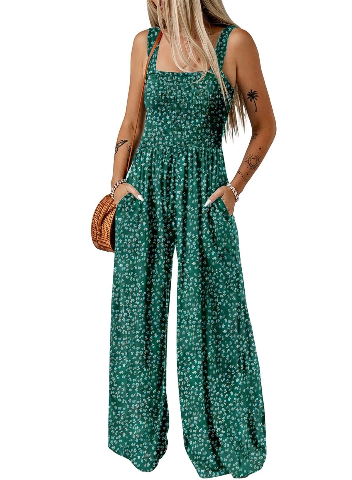 Boho Floral Print Smocked Bodice Wide Leg Jumpsuit