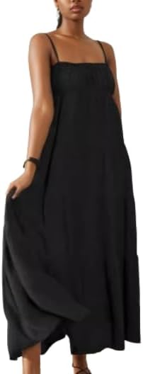 TIAFORD Women Sleeveless Spaghetti Strap Maxi Dress Summer Casual Boho Square Neck Tiered Pleated Sundress Flowy Beach Dress