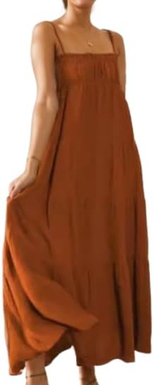 TIAFORD Women Sleeveless Spaghetti Strap Maxi Dress Summer Casual Boho Square Neck Tiered Pleated Sundress Flowy Beach Dress