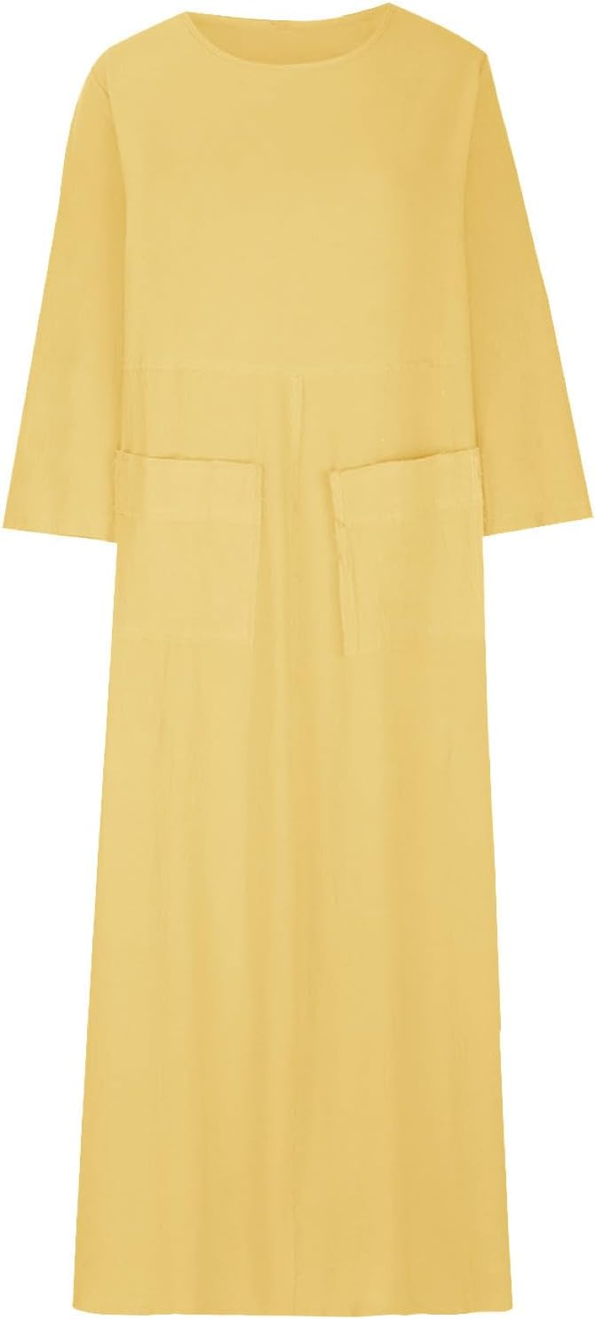 HGps8w Womens Cotton Linen Maxi Dress Loose Crewneck Long Sleeve Solid Long Dresses with Pockets Travel Vacation Outfits