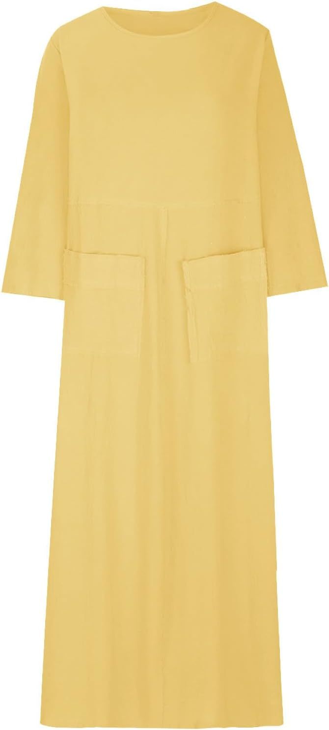 HGps8w Womens Cotton Linen Maxi Dress Loose Crewneck Long Sleeve Solid Long Dresses with Pockets Travel Vacation Outfits