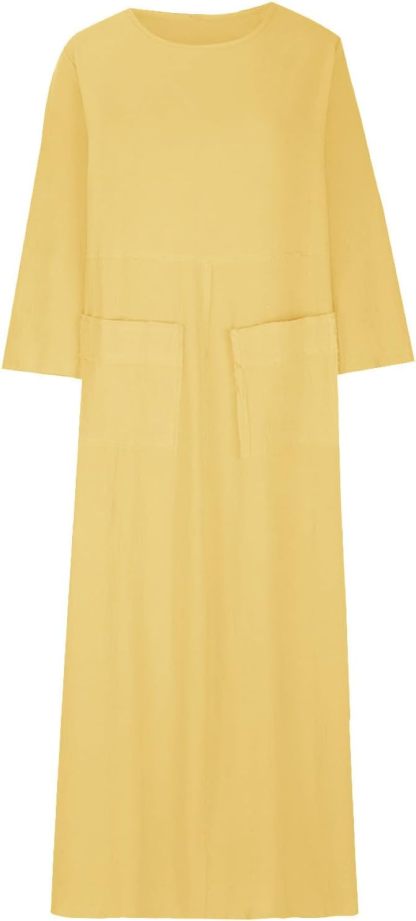 HGps8w Womens Cotton Linen Maxi Dress Loose Crewneck Long Sleeve Solid Long Dresses with Pockets Travel Vacation Outfits