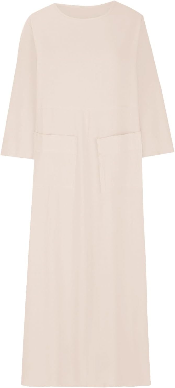 HGps8w Womens Cotton Linen Maxi Dress Loose Crewneck Long Sleeve Solid Long Dresses with Pockets Travel Vacation Outfits