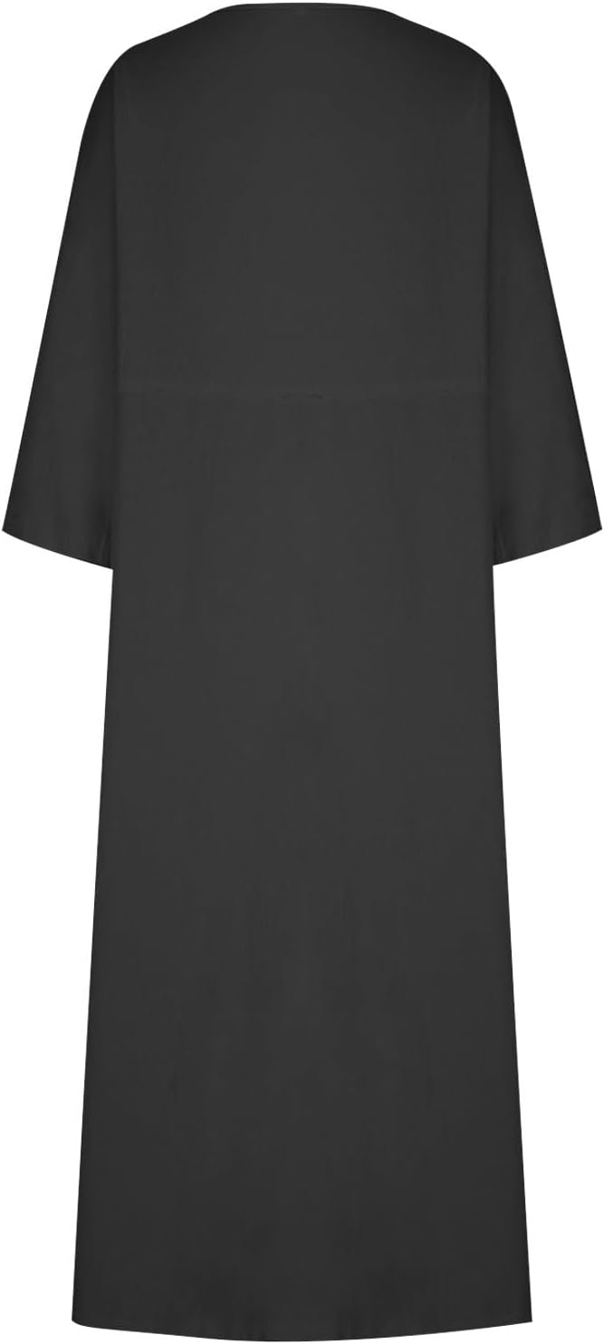 HGps8w Womens Cotton Linen Maxi Dress Loose Crewneck Long Sleeve Solid Long Dresses with Pockets Travel Vacation Outfits