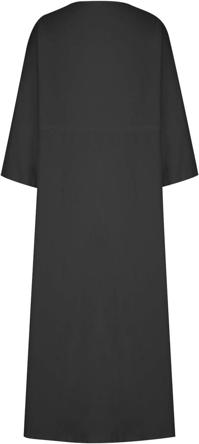 HGps8w Womens Cotton Linen Maxi Dress Loose Crewneck Long Sleeve Solid Long Dresses with Pockets Travel Vacation Outfits