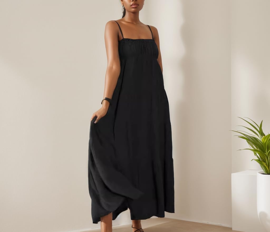 TIAFORD Women Sleeveless Spaghetti Strap Maxi Dress Summer Casual Boho Square Neck Tiered Pleated Sundress Flowy Beach Dress