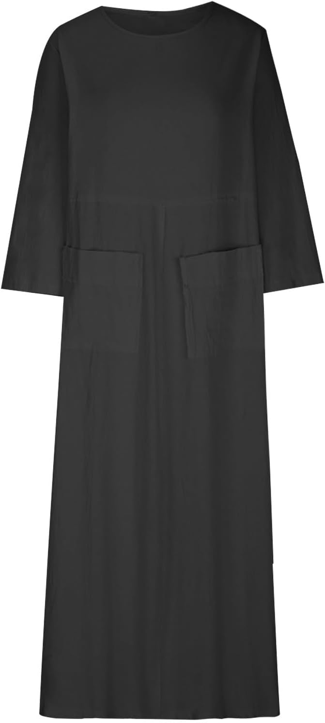 HGps8w Womens Cotton Linen Maxi Dress Loose Crewneck Long Sleeve Solid Long Dresses with Pockets Travel Vacation Outfits
