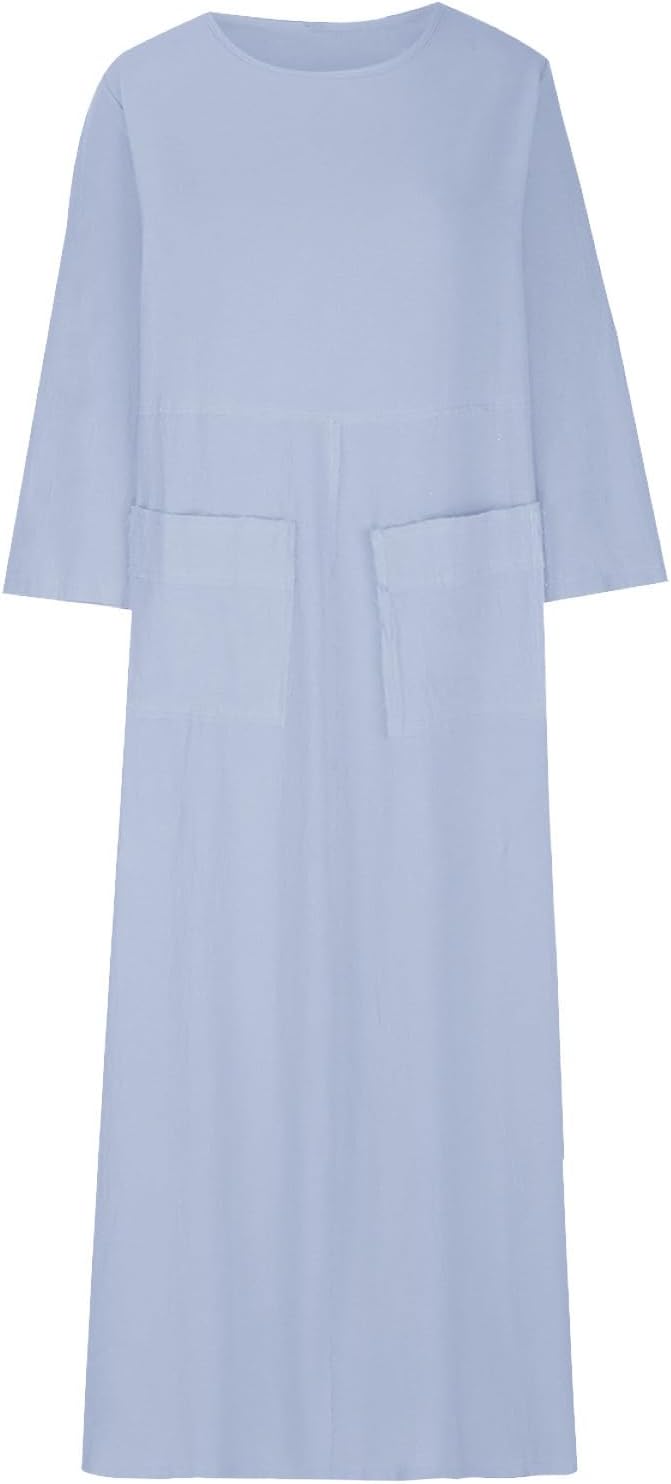 HGps8w Womens Cotton Linen Maxi Dress Loose Crewneck Long Sleeve Solid Long Dresses with Pockets Travel Vacation Outfits